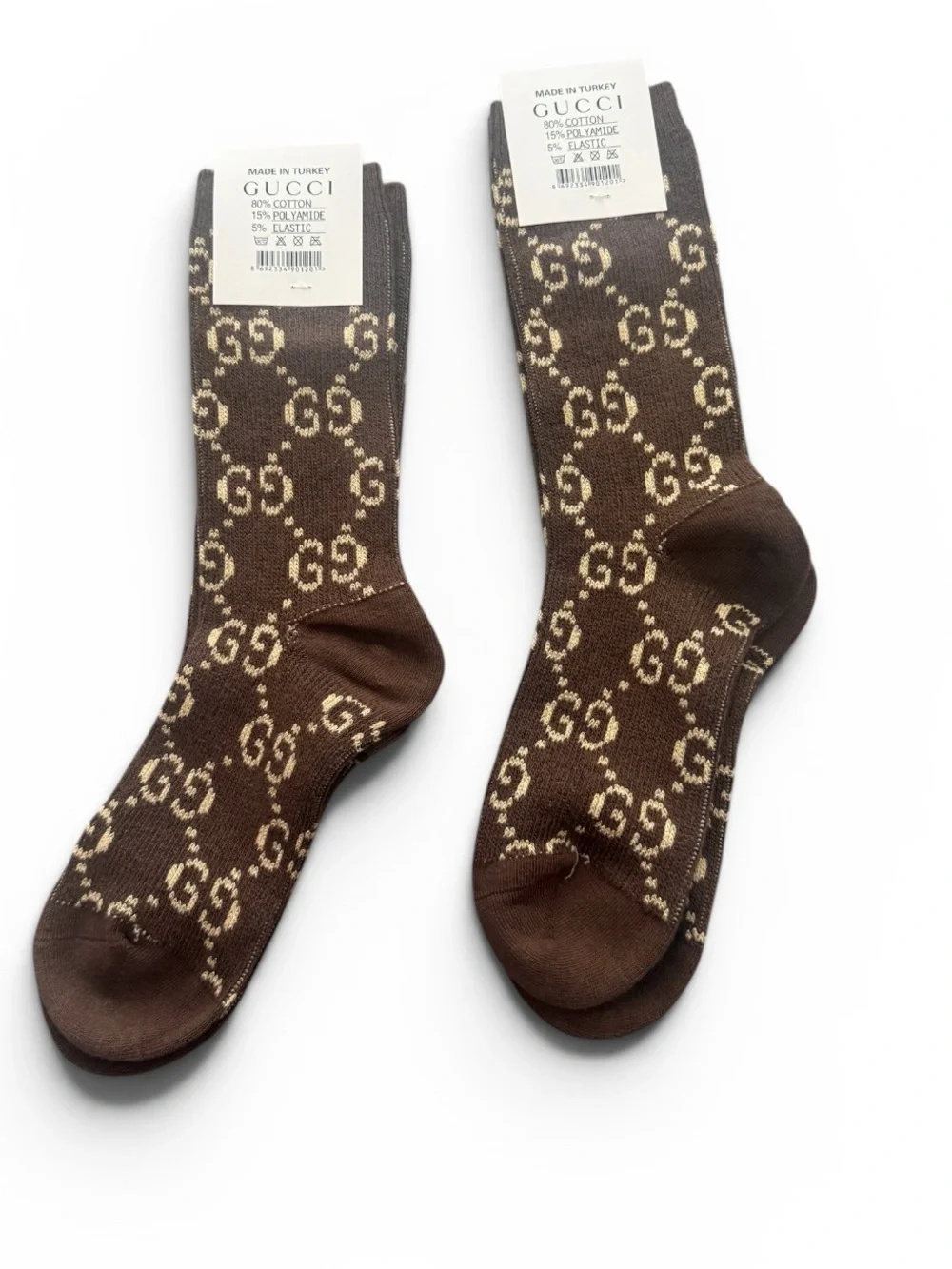 2 Pair Gucci Outlet GG Monogram Crew Socks — Brown &Gold